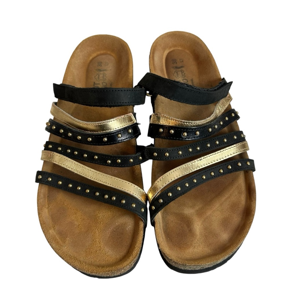 NOAT PRESCOTT Slide Sandal Leather Black/Gold Cork Wedge US 7 EU 38 - Picture 2 of 12
